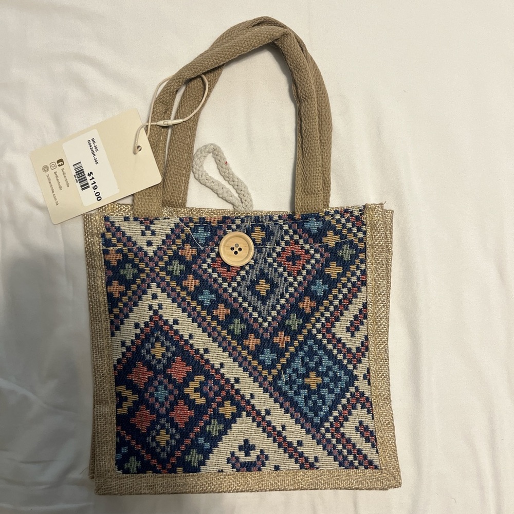 Colorful Geometric Tote with Button Accent